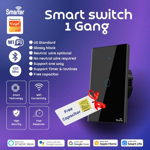 Smart switch 1 gang wifi + BLE + rf433 touch black